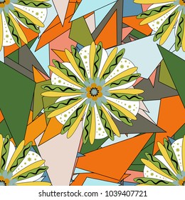 Seamless embroidered floral pattern. Vector luxurious flowers, vintage orange, yellow and green colors.