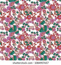 Seamless embroidered floral pattern. Vector luxurious flowers, vintage orange, pink and green colors.