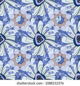 Seamless embroidered floral pattern. Vector luxurious flowers, vintage beige, blue and gray colors.