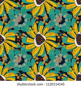 Seamless embroidered floral pattern. Vector luxurious flowers, vintage orange, blue and black colors.
