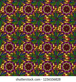 Seamless embroidered floral pattern. Vector luxurious flowers, vintage green, brown and blue colors.