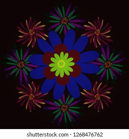 Seamless embroidered floral pattern. Vector luxurious flowers, vintage black, blue and green colors.