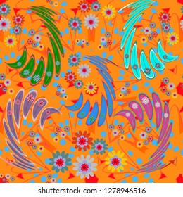 Seamless embroidered floral pattern. Vector luxurious flowers, vintage orange, blue and pink colors.