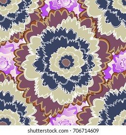 Seamless embroidered floral pattern. Vector luxurious flowers, vintage beige, blue and purple colors.