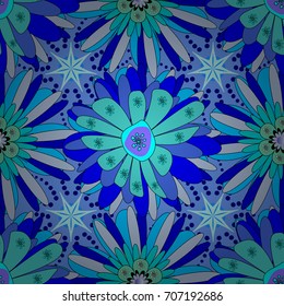 Seamless embroidered floral pattern. Vector luxurious flowers, vintage violet, green and blue colors.