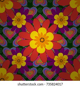 Seamless embroidered floral pattern. Vector luxurious flowers, vintage yellow, blue and red colors.