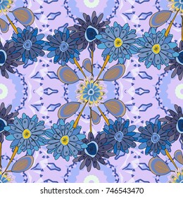 Seamless embroidered floral pattern. Vector luxurious flowers, vintage black, blue and violet colors.