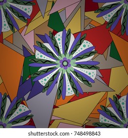 Seamless embroidered floral pattern. Vector luxurious flowers, vintage green, yellow and violet colors.