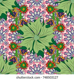 Seamless embroidered floral pattern. Vector luxurious flowers, vintage violet, neutral and beige colors.