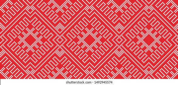 Seamless embroidered handmade cross-stitch ethnic Ukraine pattern for design. Vector red border illustration on white background. Ukrainian national ornament decoration.