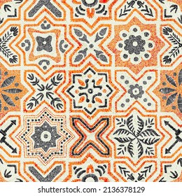 Seamless embroidered moroccan pattern. Square vintage tiles. Punch needle ornament. Handmade. Print for textiles. Grunge texture set.