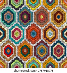 Seamless embroidered pattern in bohemian style. Geometric print patchwork for textiles. Handwork. Ethnic and tribal motifs. Vector illustration.