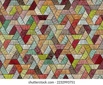 Nahtlose bestickte Muster im böhmischen Stil. Geometrisches Druckmuster für Textilien. Handarbeit. Ethnische und Stammesmotive. Vektorgrafik.