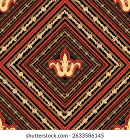Padrão bordado sem costura com motivos de flor de lis e listras diagonais afiadas. Tons terrosos de bege, vermelho e marrom em preto criam um design rico em matéria têxtil. Textura vetorial listrada sem fim.