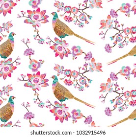 Seamless embroidered pattern with flowering magnolia branch and golden bird on a white background. Vector Illustration for embroidery, fabric and textile.