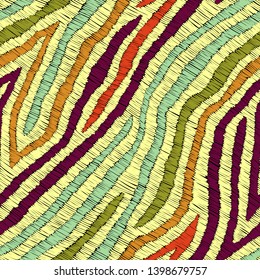 Seamless embroidered pattern. Hand-drawn patchwork print. Vector illustration.