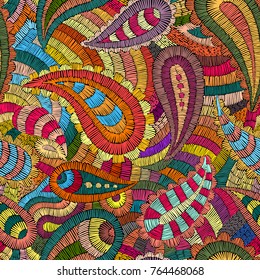 Seamless embroidered pattern. Ornament in the style of paisley. The patchwork print. Vector illustration.