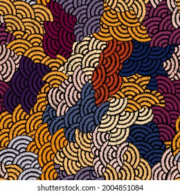 Seamless embroidered pattern. Patchwork ornament. Japanese motives. Vector illustration.