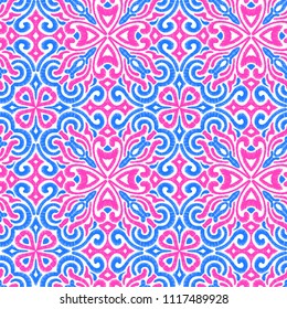 Seamless embroidered pattern. Prints for textiles. Ornament in patchwork style. Pink, blue and white colors. Vector illustration.