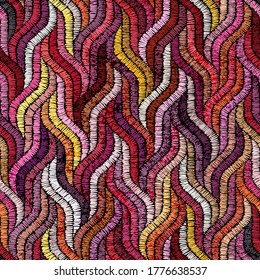 Seamless embroidered pattern. Wavy bohemian print. Patchwork ornament. Vector illustration.