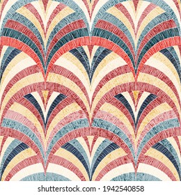 Seamless embroidered pattern. Wavy bohemian print. Patchwork ornament. Vector illustration.