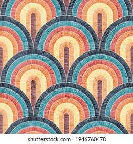 Seamless embroidered pattern. Wavy bohemian print. Patchwork ornament. Vector illustration.