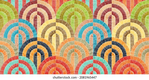 Seamless embroidered pattern. Wavy bohemian print. Patchwork ornament. Vector illustration.