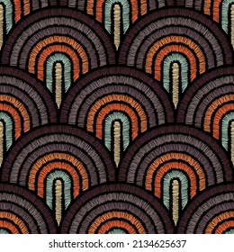 Seamless embroidered pattern. Wavy bohemian print. Patchwork ornament. Vector illustration.