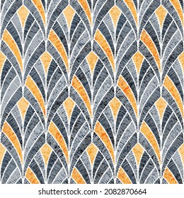 Seamless embroidered wavy pattern. Seigaiha ornament in patchwork style. Vector illustration.