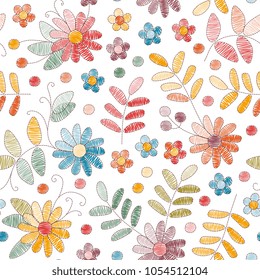 Seamless embroidery imitation pattern in naive folk style. Beautiful flowers, berries and leaves isolated on white background in vector. Elegant vintage floral ornament, print for fabric.