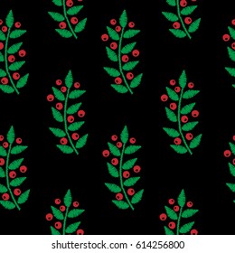 Seamless embroidery imitation pattern with red berry and green leaf. Embroidery vector background with   ash berry for printing on fabric, paper for scrapbook, gift wrap and wallpapers.