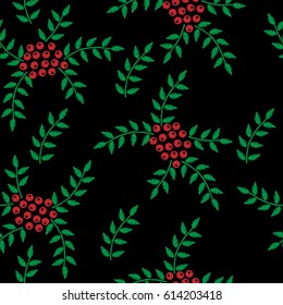 Seamless embroidery imitation pattern with rowan and green leaf. Embroidery vector background with   ash berry for printing on fabric, paper for scrapbook, gift wrap and wallpapers.