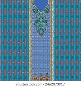 Seamless embroidery neckline floral design with lace borders blue background patterns for shirts.