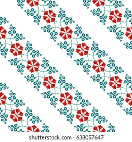 Seamless embroidery pattern of beautiful wreath of spring flowers: red carnations and blue hyacinths. Floral print on white background. Vector illustration