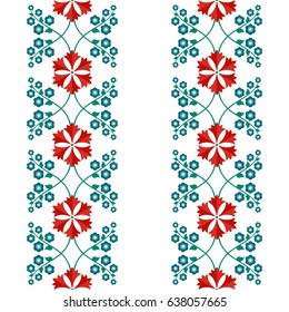 Seamless embroidery pattern of beautiful wreath of spring flowers: red carnations and blue hyacinths. Floral print on white background. Vector illustration
