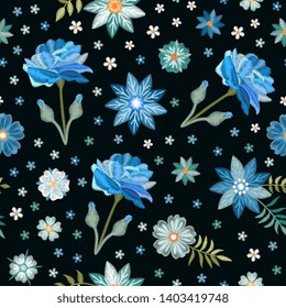 Seamless embroidery pattern with blue flowers on black background. Beautiful embroidered print.