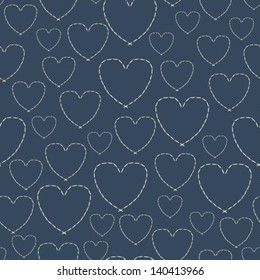 Seamless embroidery pattern with hearts on striped background