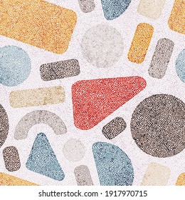 Seamless embroidery pattern in polka dot style. Grunge texture. Abstract geometric ornament. Punch needle embroidery, handmade, carpet print. Vector illustration.