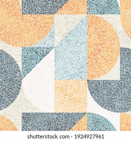 Seamless embroidery pattern in polka dot style. Grunge texture. Abstract geometric ornament. Punch needle embroidery, handmade, carpet print. Vector illustration.