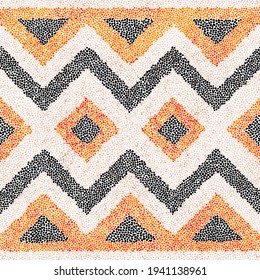 Seamless embroidery pattern in polka dot style. Grunge texture. Abstract geometric tribel ornament. Punch needle embroidery, handmade, carpet print. Vector illustration.