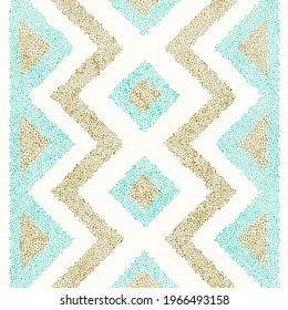 Seamless embroidery pattern in polka dot style. Grunge texture. Abstract geometric tribal ornament. Punch needle embroidery, handmade, carpet print. Vector illustration.