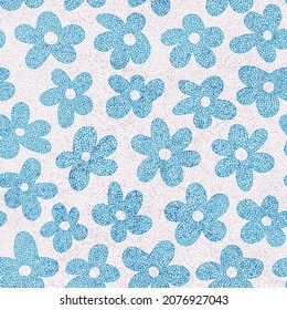 Seamless embroidery pattern in polka dot style. Grunge texture. Cute floral ornament. Punch needle embroidery, handmade, carpet print. Vector illustration.