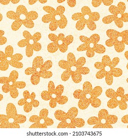 Seamless embroidery pattern in polka dot style. Grunge texture. Cute floral ornament. Punch needle embroidery, handmade, carpet print. Vector illustration.