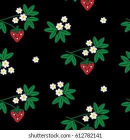 Seamless embroidery pattern strawberry and flower with green leaf. Embroidery vector flower background for printing on fabric, paper for scrapbook, gift wrap and wallpapers.
