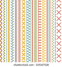 Seamless embroidery pattern. Vector high detailed colourful stitches on white background. Boundless background.