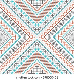 Seamless embroidery pattern. Vector high detailed stitches. Ethnic boundless texture. Red, blue, grey and white. Can be used for web page backgrounds, wallpapers, wrapping papers and invitations.