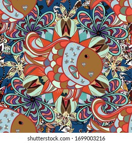 Seamless. Embroidery sea life, sea shells, tropical fishes. Classical embroidery tropical sea, wave, fishes, seamless fashion pattern. Vector. Fashionable clothes, t-shirt design.