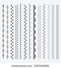 Seamless embroidery sewing stitch brush vector illustrator set, different types of machine stitch brush pattern for fasteners, dresses garments, bags, Fashion illustration, Clothing and Accessories