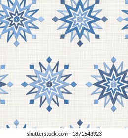 Seamless embroidery snowflakes background  on linen texture. Happy New Year or Christmas decoration design element. Wallpaper or gift wrapping pattern.