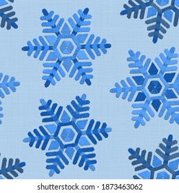 Seamless embroidery snowflakes background  on linen texture. Happy New Year or Christmas decoration design element. Wallpaper or gift wrapping pattern.